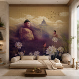 MWA-LWZ-184 | Golden Zen Buddha Wallpaper for Spa & Meditation Room Interiors | 10.76 Sq. Ft. | 1 m × 1 m Roll