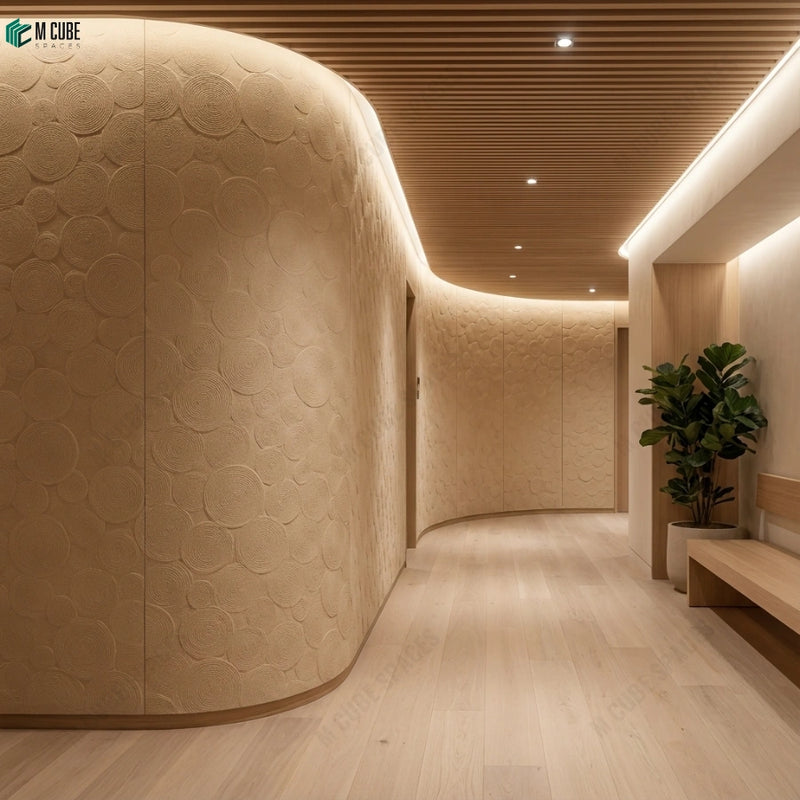 Sculpted Flexistone Wall Shaping a Calm Luxury Hotel Corridor