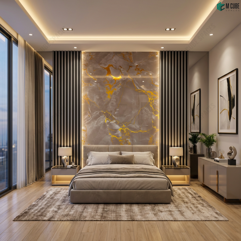 Bedroom with Gold Vein Marble Acrylic Headboard Wall