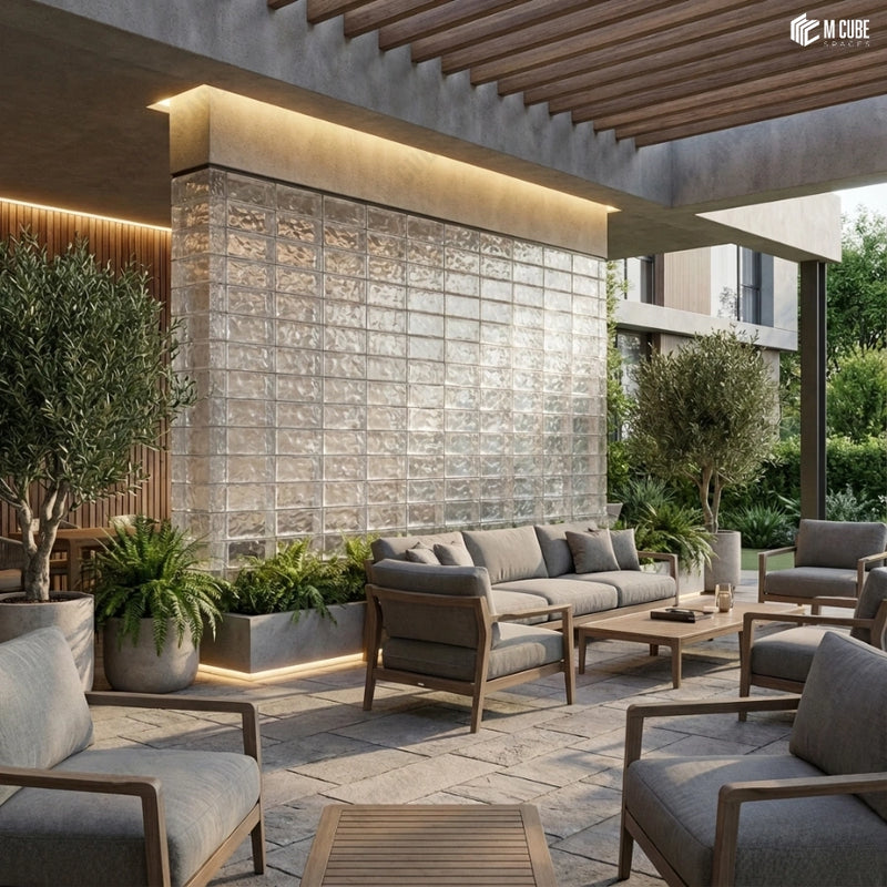Outdoor Courtyard Lounge with Glass Brick Feature Wall | Contemporary Resort Design