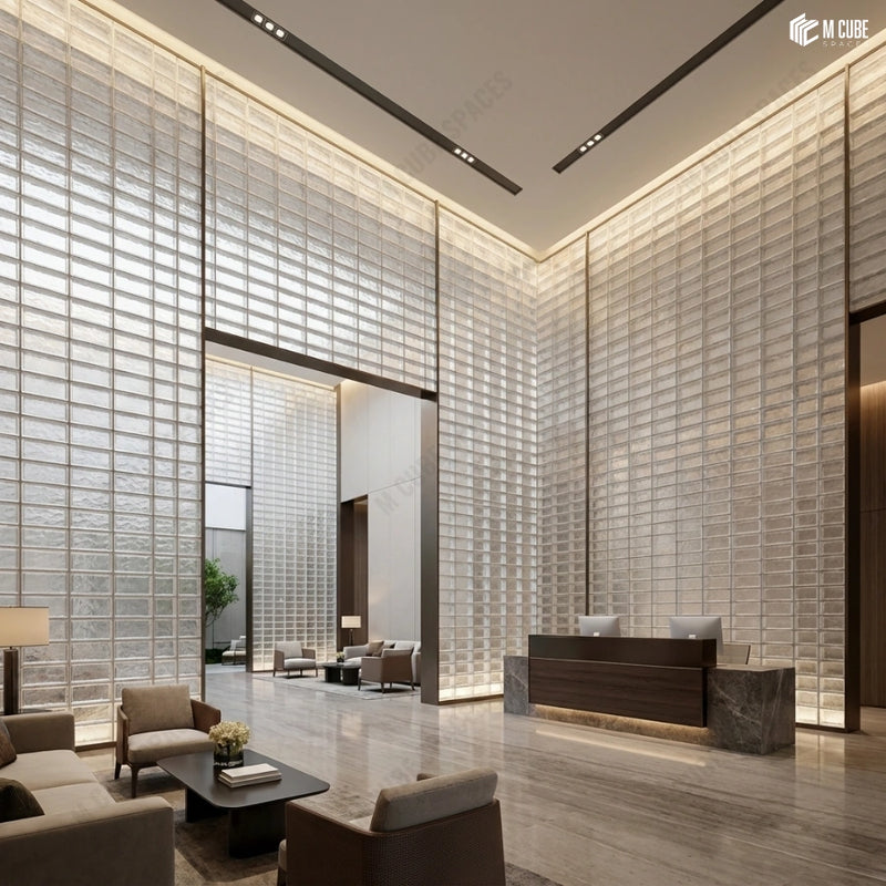Double-Height Commercial Lobby with Glass Brick Walls | Modern Corporate Architecture