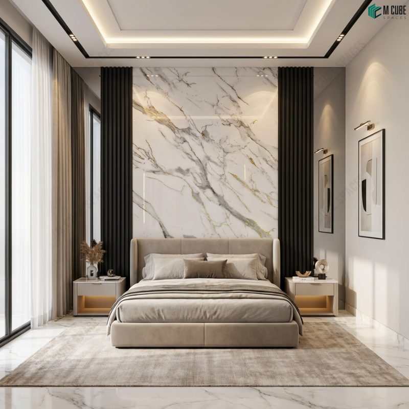 Minimal Bedroom with White Marble Acrylic Feature Wall and Charcoal Louver