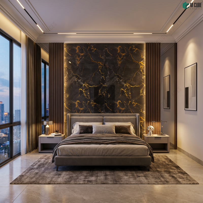 Premium Bedroom with Dark Acrylic Marble Finish and Wood Finish MDF Louvers