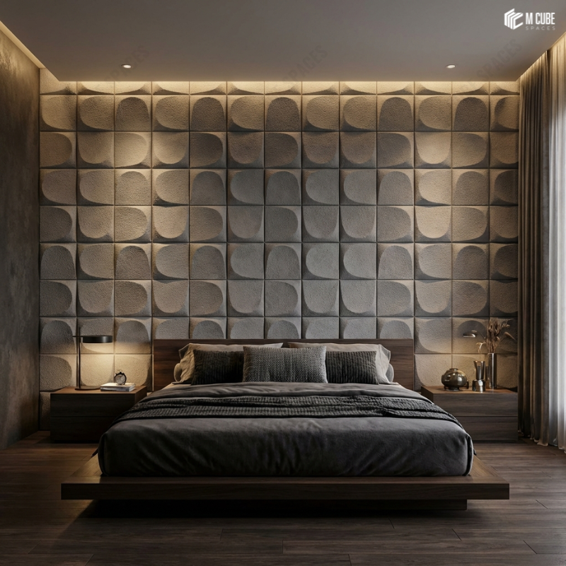 3D PU Panels introducing Depth to a Bed-Back Composition - Bedroom inspiration