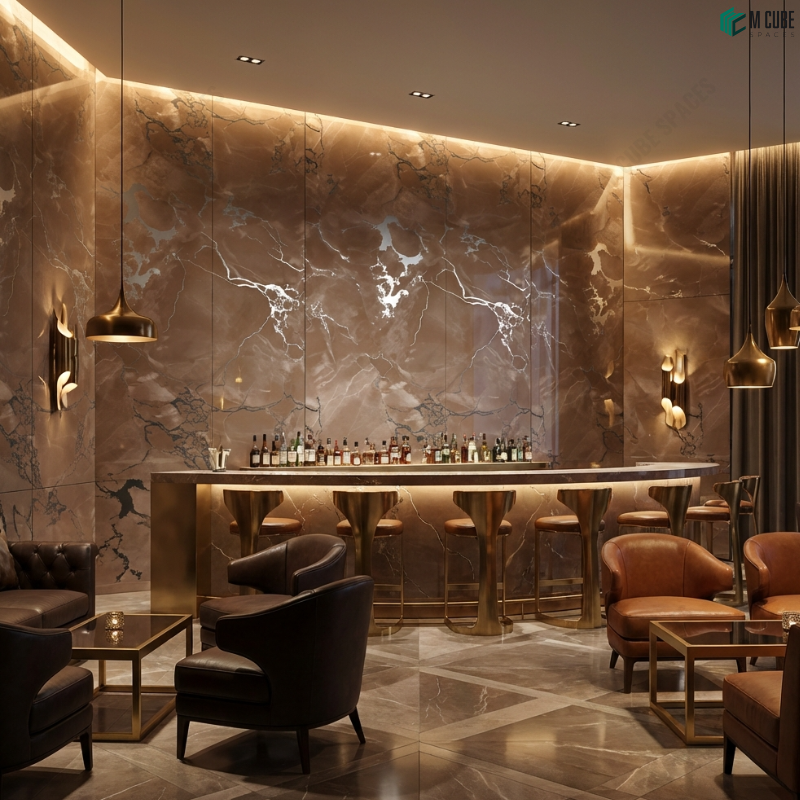 Luxury Bar Interior with Brown Marble Acrylic Panels