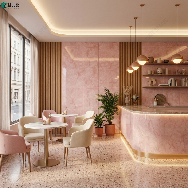 Café Interior with Soft Pink Marble Acrylic Finish
