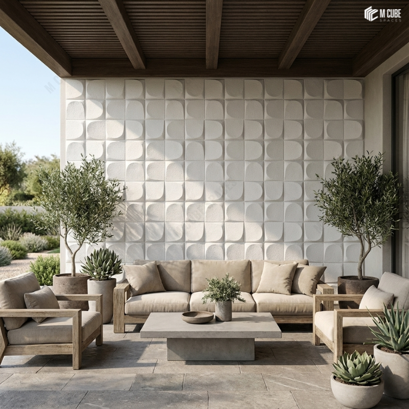 3D PU Panel shaping a Contemporary Outdoor Lounge Backdrop