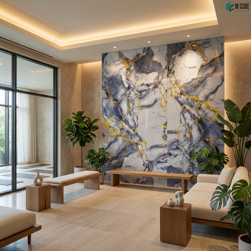 Wellness Lounge with Blue & Gold Marble Acrylic Feature Wall