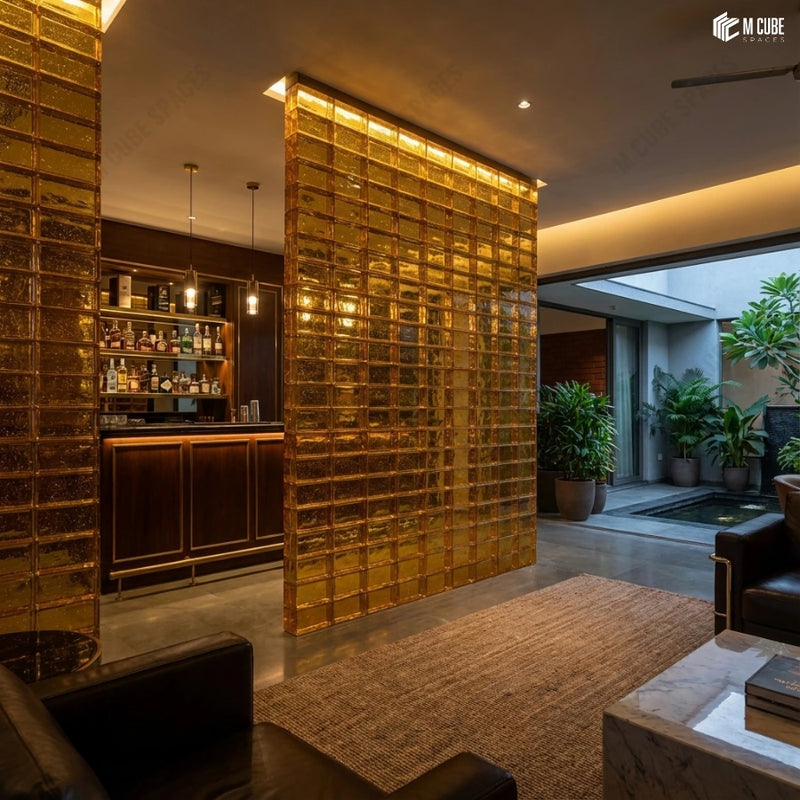 Bar Lounge Partition with Backlit Amber Glass Bricks – Luxury Hospitality Interior