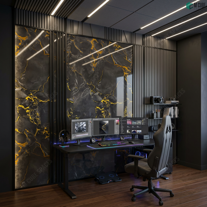 Gaming Studio with Dark Marble Acrylic Feature Panels
