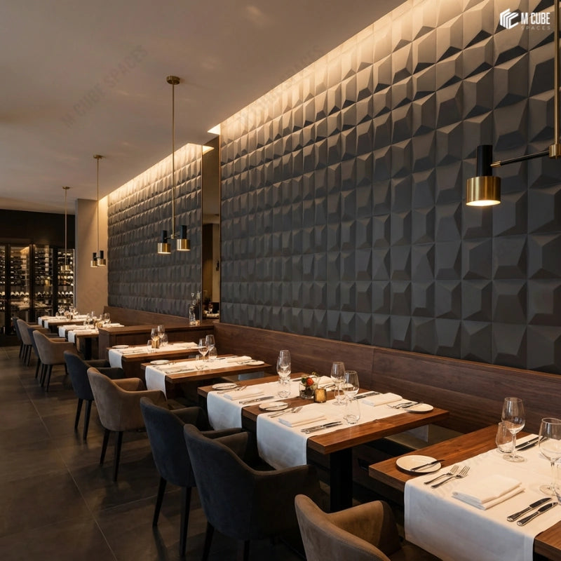 3D PU Panels defining a Sculptural Dining Backdrop