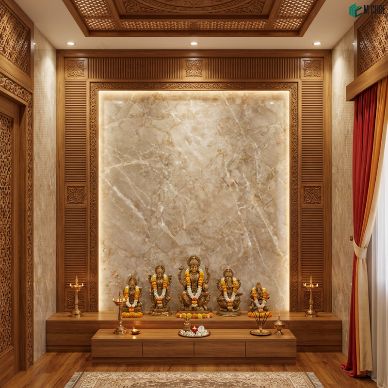 Traditional Mandir with Beige Marble Acrylic Back Panel