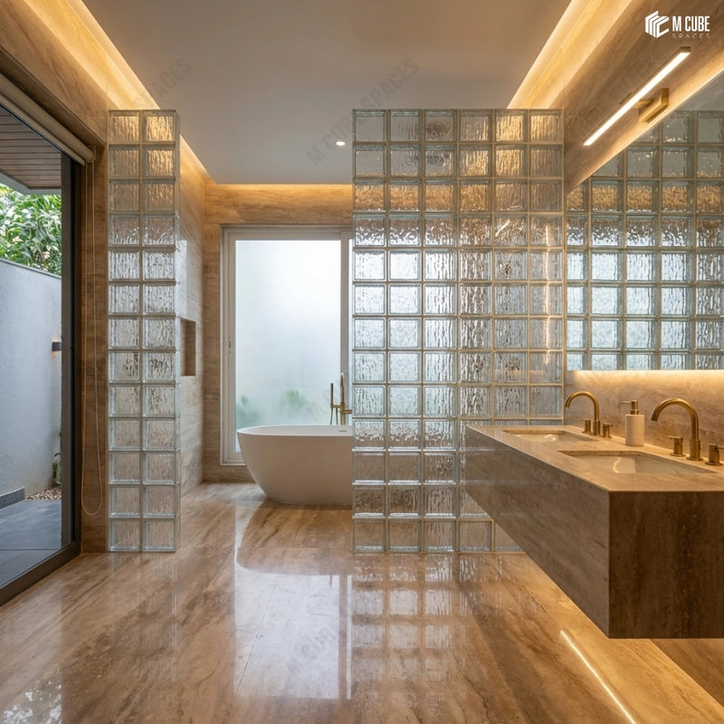 Luxury Spa-Style Bathroom with Glass Brick Privacy Screens