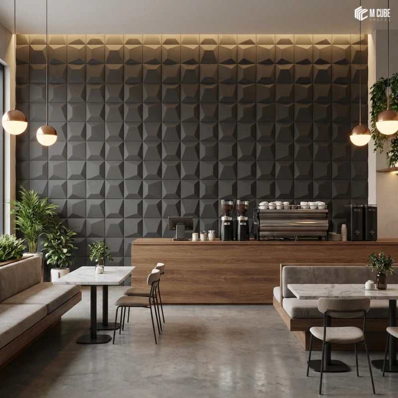 Geometric 3D PU Panel Wall Defining a Contemporary Café Interior