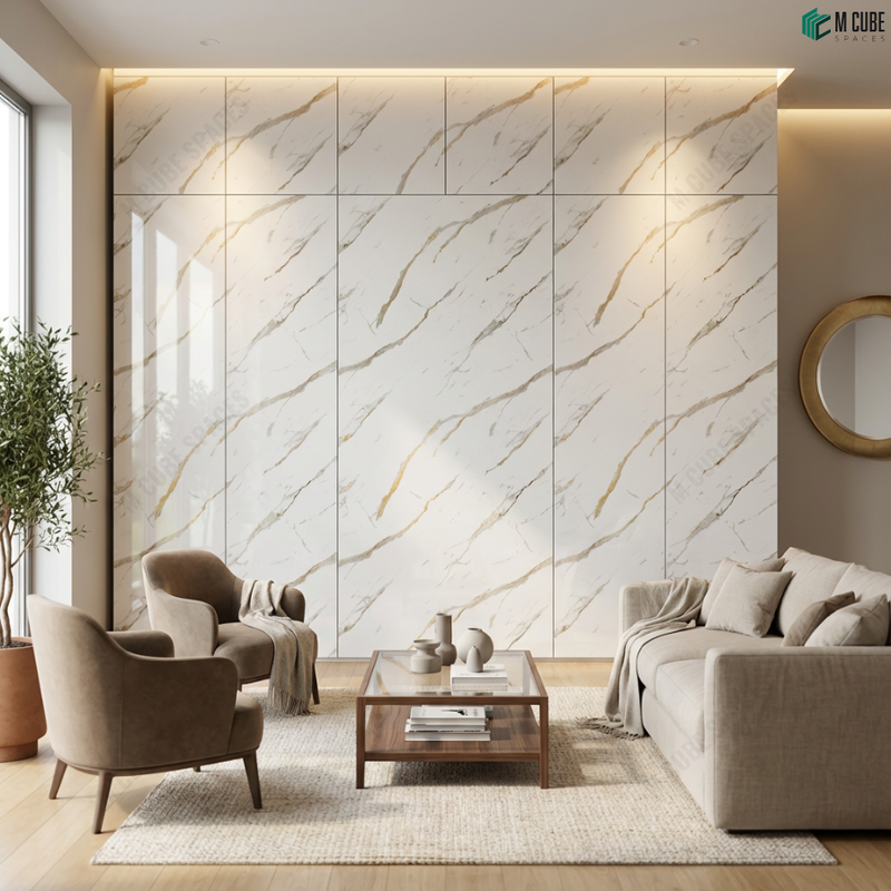 Modern Living Room with White Marble Acrylic Architectural Wall