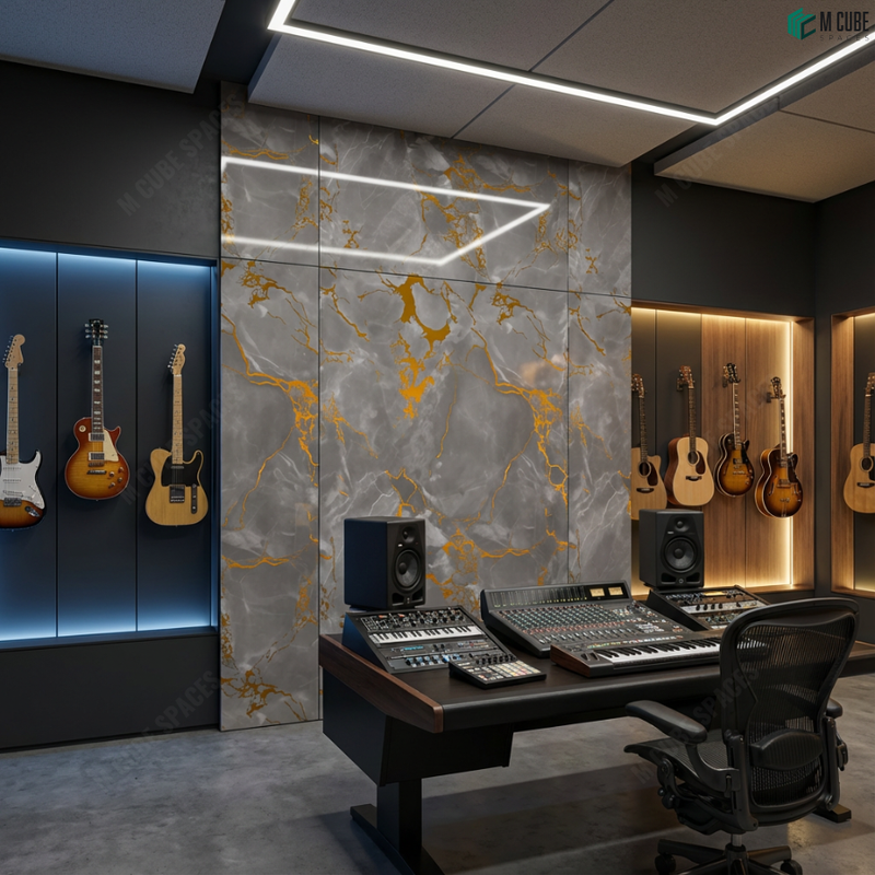 Music Studio with Marble Acrylic Feature Wall & Instrument Display
