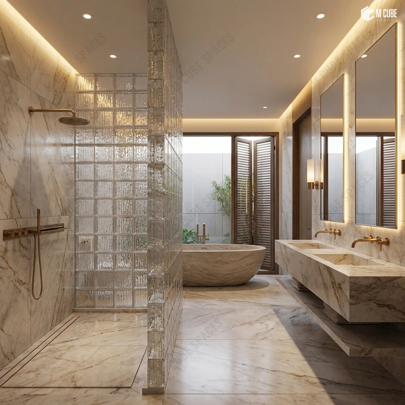 Modern Marble Bathroom with Glass Brick Shower Partition