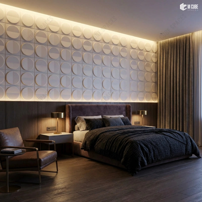 Circular Grid 3D PU Panel defining a Luxury Bedroom Headboard Wall
