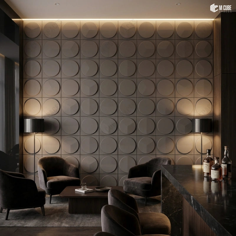 Monochrome Circular 3D PU Panel anchoring a Private Lounge Statement Wall