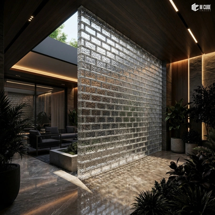 Modern Courtyard Transition Wall with Clear Glass Bricks – M Cube Spaces
