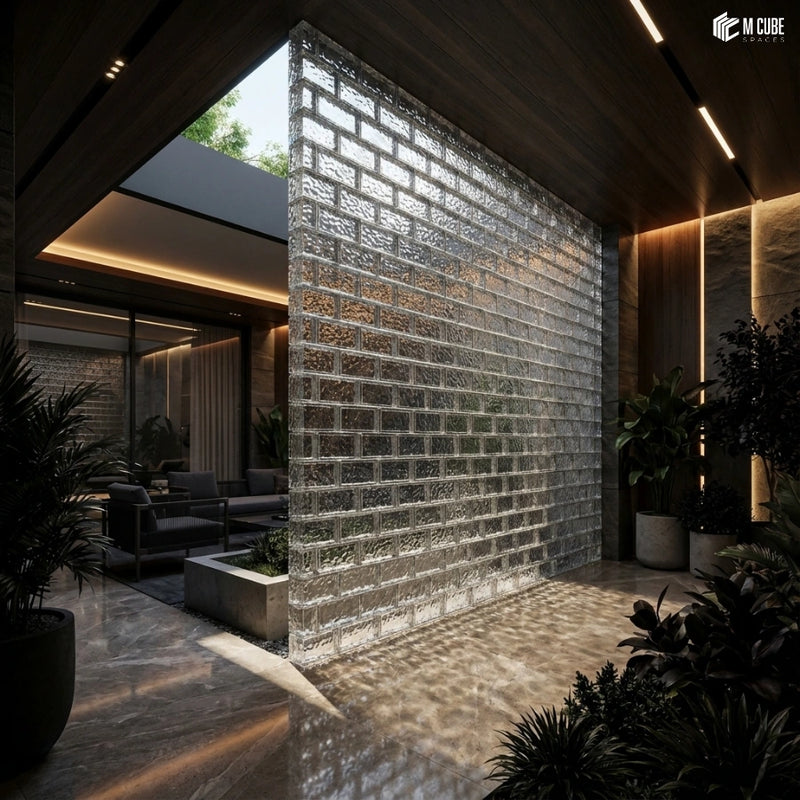 Modern Courtyard Transition Wall with Clear Glass Bricks
