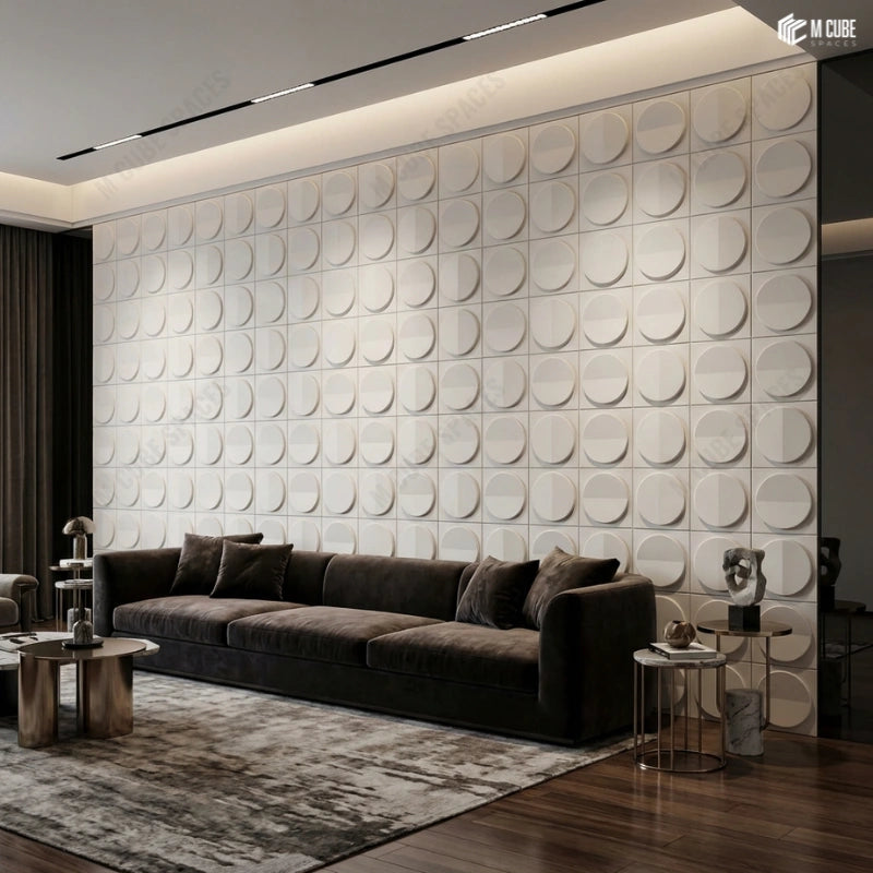 Circular Grid 3D PU Panel elevating a Modern Living Room Feature Wall