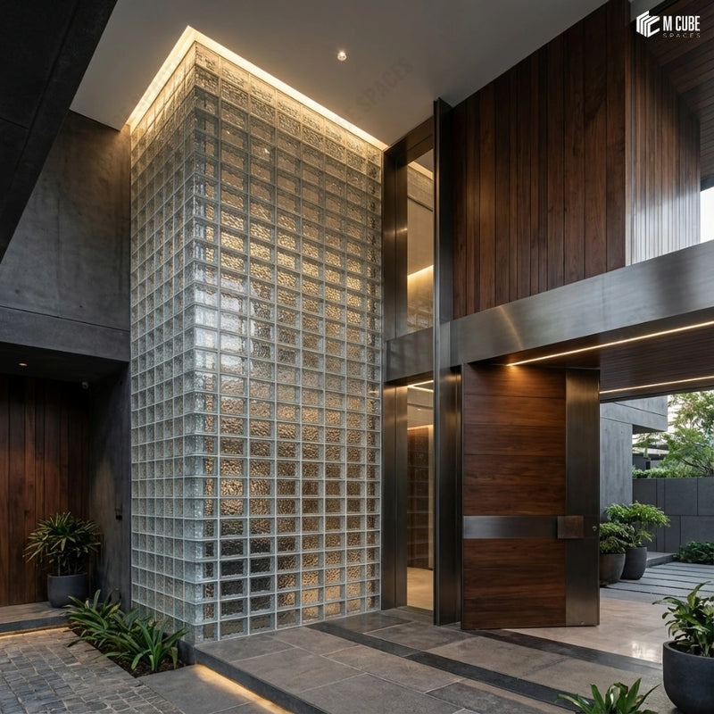 Contemporary Residential Entry Feature Using Glass Brick Column