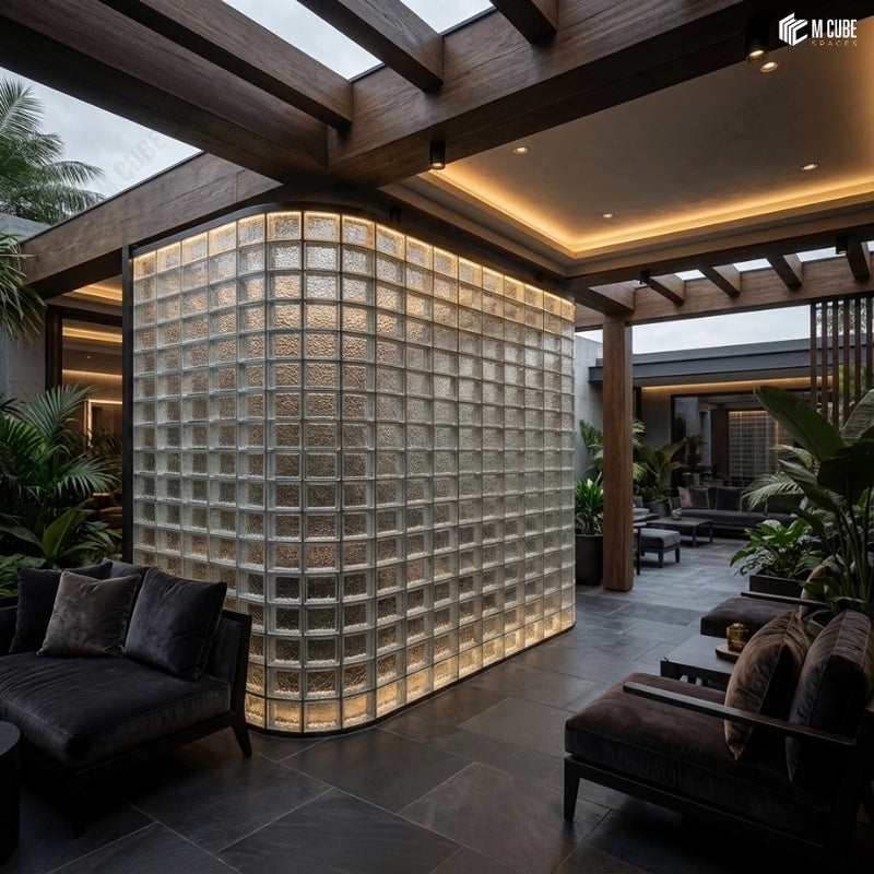 Courtyard Lounge Divider with Curved Glass Brick Wall