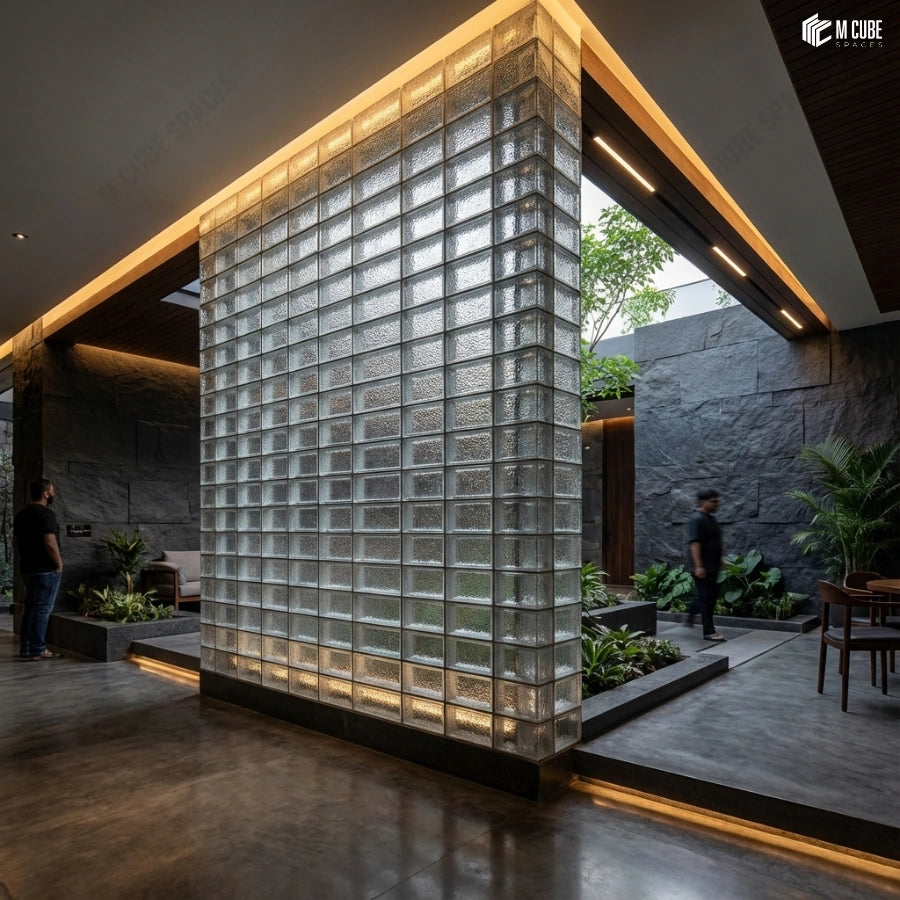 Architectural Entry Court with Illuminated Glass Brick Feature Wall -  inspiration