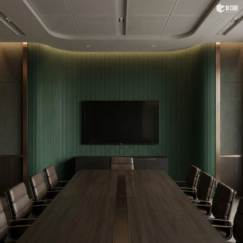 Corporate Conference Room TV Backdrop with Flexible Paintable Louvers