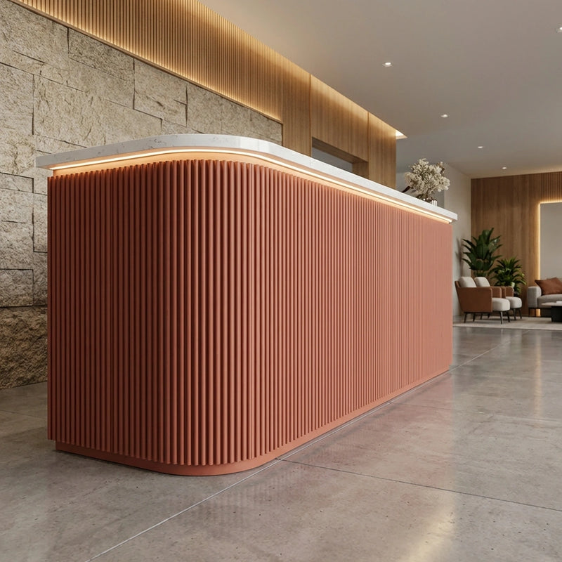 Curved Reception Desk Wrapped in Paintable Flexible Fluted Panels – Soft Terracotta Finish