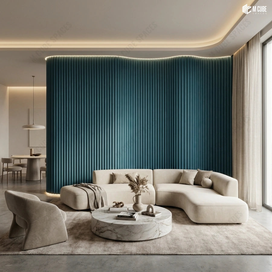 Calm minimalist living room with statement wall defined by paintable flexible louvers - Living interior inspiration