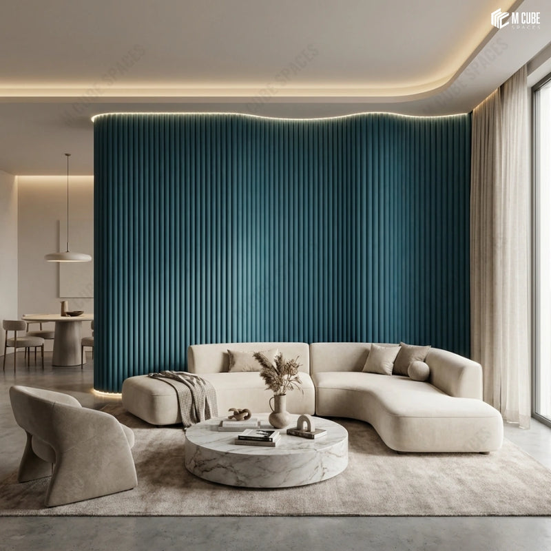 Calm Minimalist Living Room with Statement Wall defined by Paintable Flexible Louvers