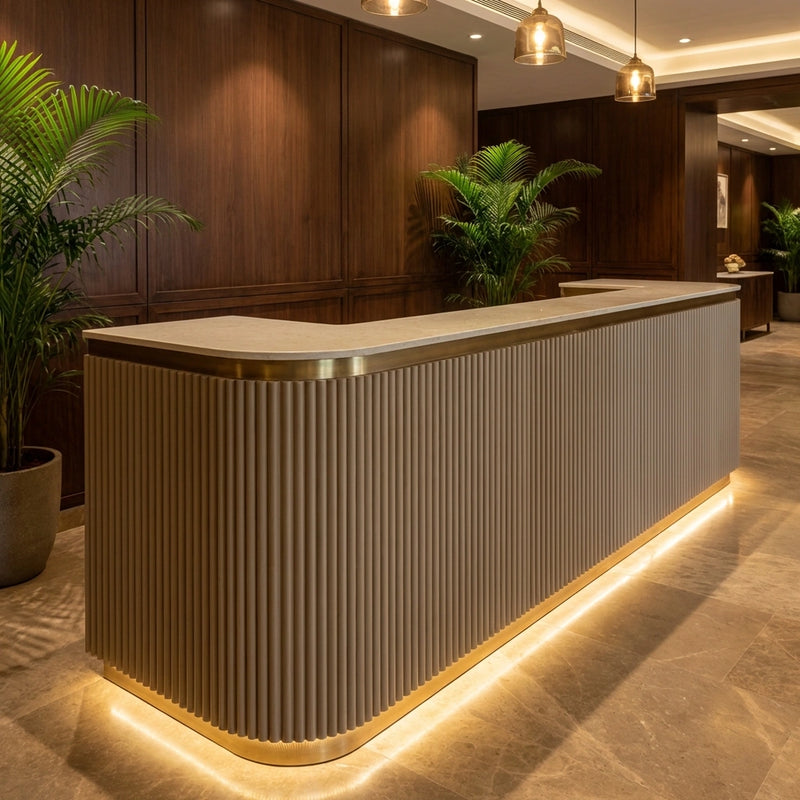 Hospitality Counter Front in Neutral Paintable Fluted Panels with Brass Edge Detailing