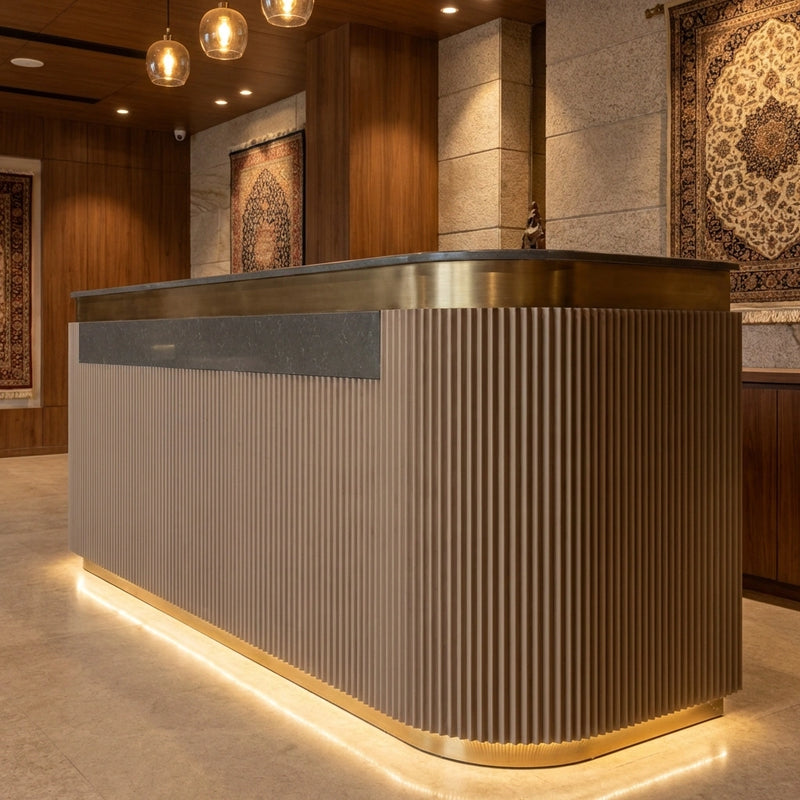 Luxury Hospitality Reception with Beige Painted Flexible Fluted Panels and Brass Edge Detailing