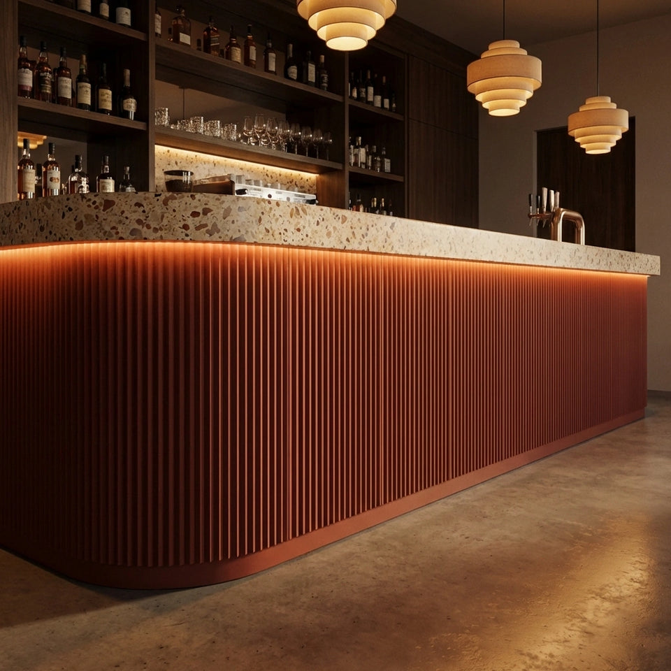 Ambient Bar Counter Featuring Painted Flexible Fluted Panel Front in Deep Clay Tone - Commercial inspiration