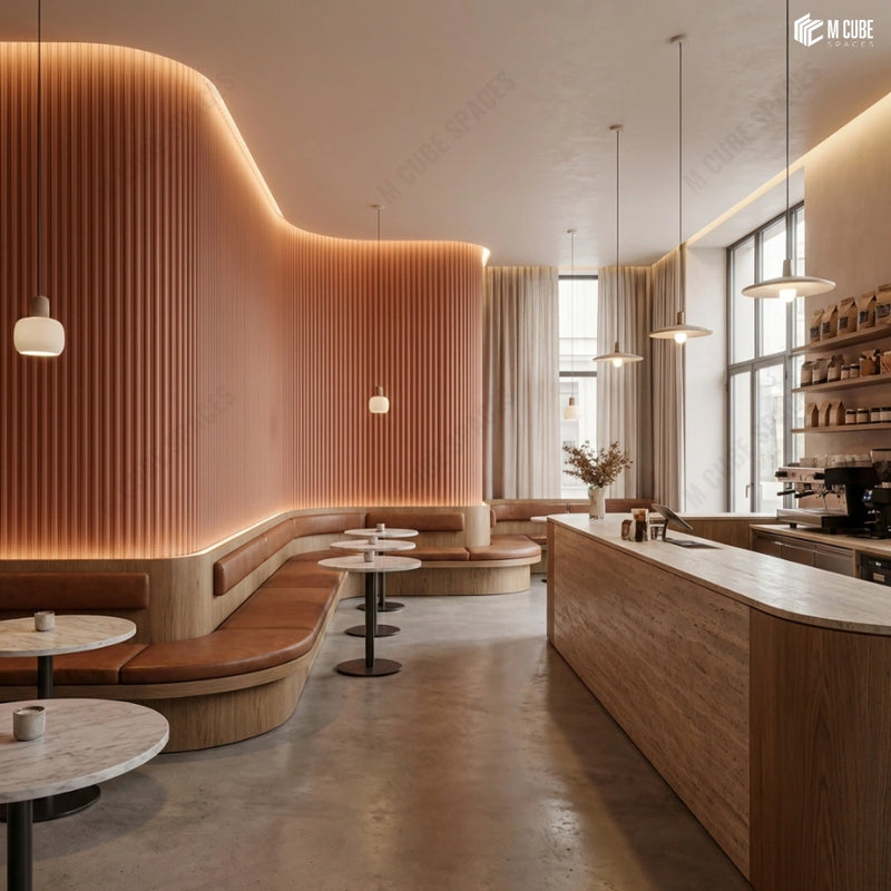 Curved Flexible Louvers creating a Warm Café Seating Experience