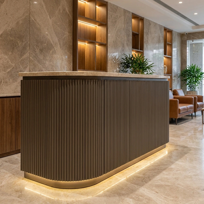 Premium Stone-Top Reception Desk with Vertical Paintable Fluted Panel Cladding
