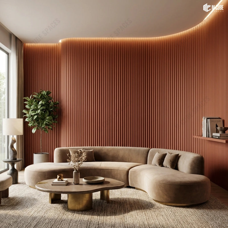 Curved Flexible Louvers for a Soft Contemporary Living Room