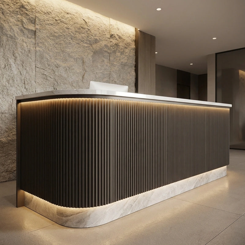 Curved Marble Stone Veneer Base Reception Counter with Soft Grey Flexible Fluted Panel Wrap