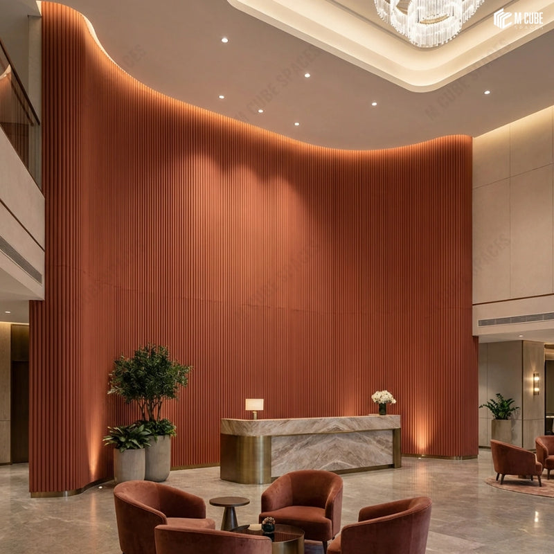 Vertical Paintable Flexible Louvers Defining a Double-Height Lobby Wall