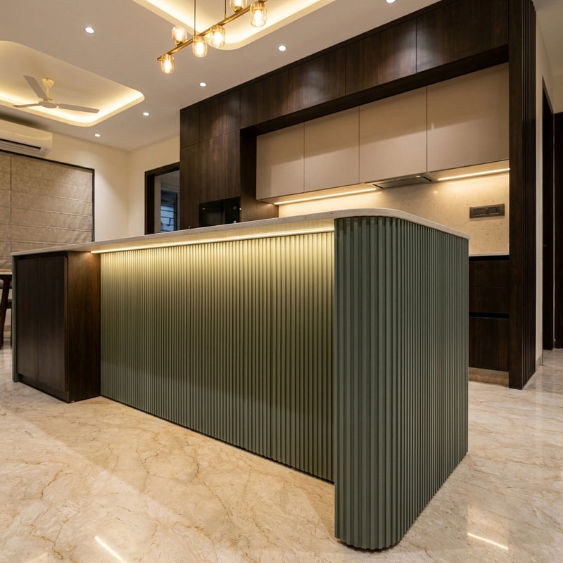 Marble Counter Kitchen Island with Paintable Flexible Fluted Panel Front