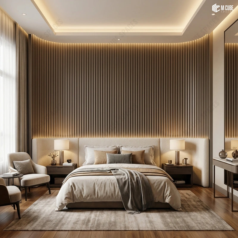 Warm Bedroom Accent Wall with Paintable Flexible Louvers