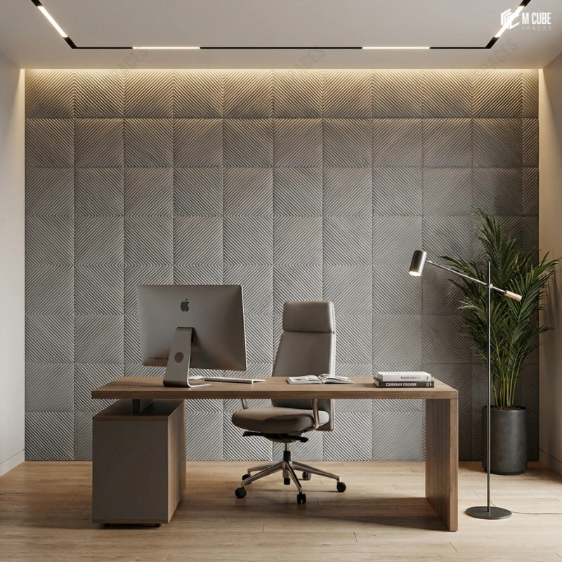 Statement Wall using PU 3D Panels defining a Calm Executive Cabin