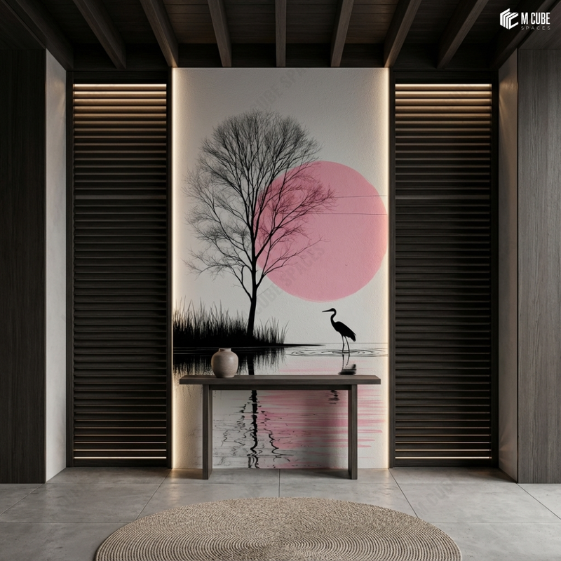 Stillwater Silhouette Narrative Digital Decorative Laminate defining a Tranquil Entry Feature Wall