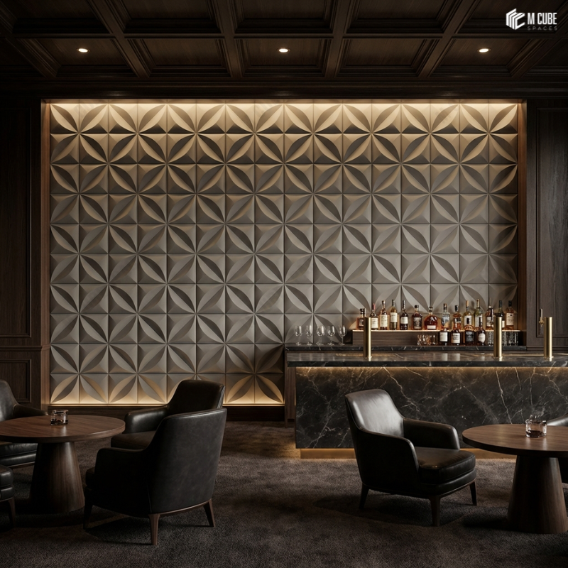 Premium Lounge Bar Accent Wall using 3D PU Panels