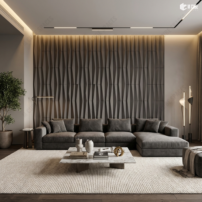 3D PU Panels defining Contemporary Statement Sofa-Back Wall