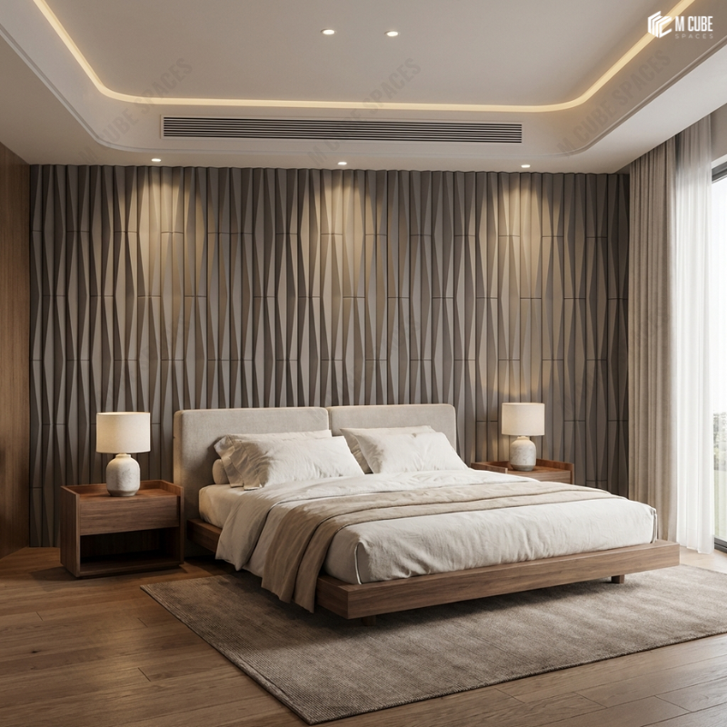 3D PU Panels shaping a Soft Architectural Headboard Wall