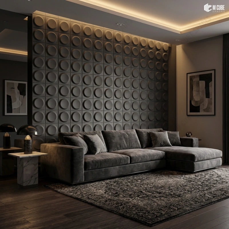 Dark Moody Living Room accented with 3D PU Panels