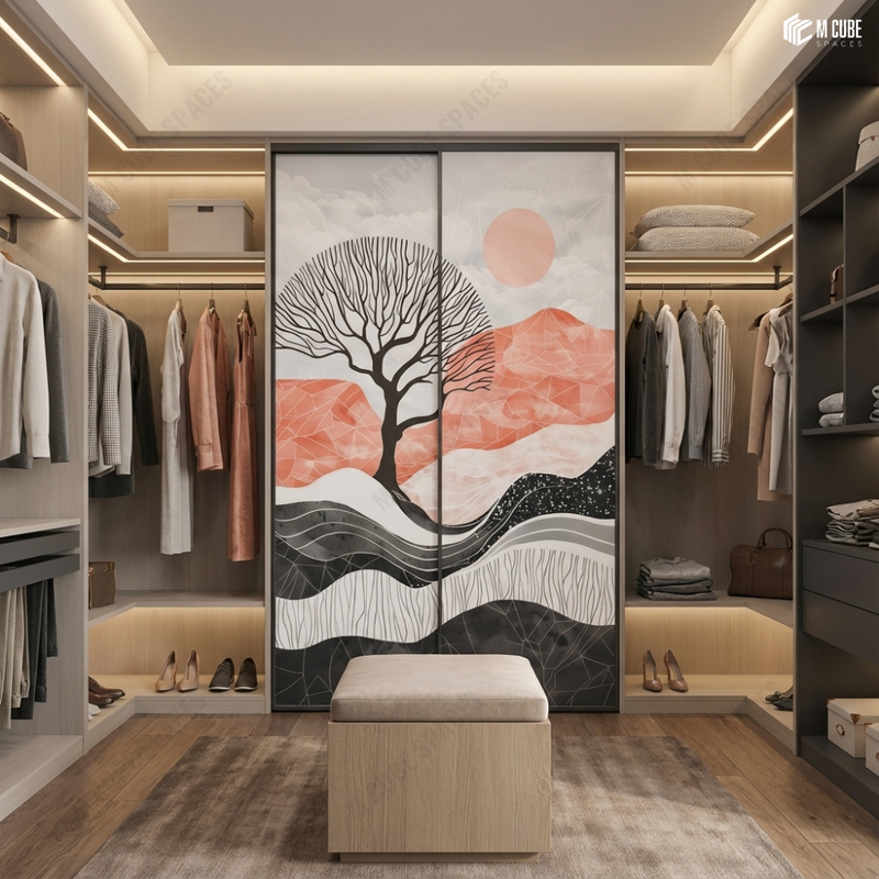 Abstract Horizon Tree Digital Decorative Laminate defining a Modern Walk-In Wardrobe 